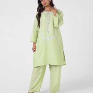 pistachio green lace kurta set, embroidered cotton kurta pants, pastel festive outfit for women, scalloped lace hem kurta, straight fit kurta set, elegant ethnic set for women.