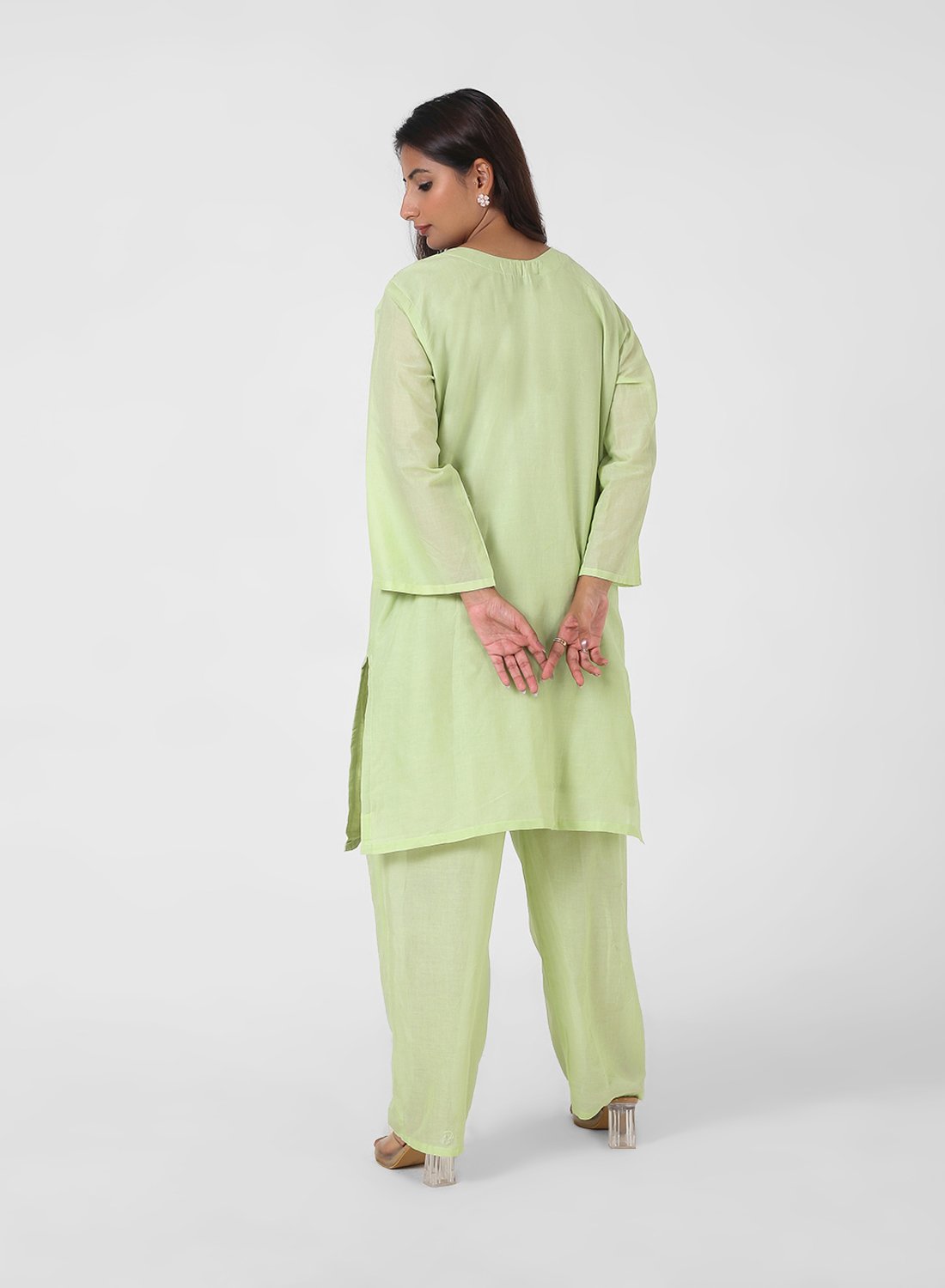 pistachio green lace kurta set, embroidered cotton kurta pants, pastel festive outfit for women, scalloped lace hem kurta, straight fit kurta set, elegant ethnic set for women.