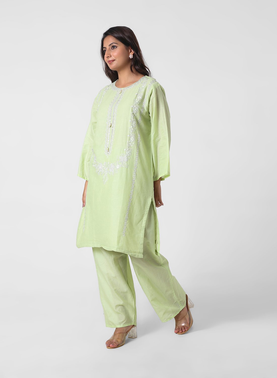 pistachio green lace kurta set, embroidered cotton kurta pants, pastel festive outfit for women, scalloped lace hem kurta, straight fit kurta set, elegant ethnic set for women.
