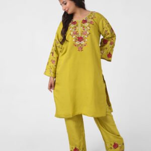 mustard embroidered kurta set, cotton kurta pants for women, floral threadwork kurta, breathable summer ethnic wear, straight fit kurta set, embroidered sleeve kurta, vibrant daytime Indian suit.