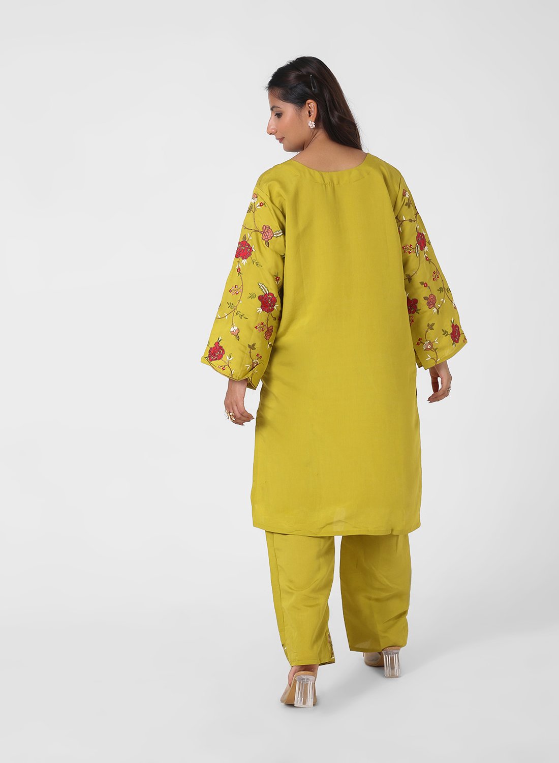 mustard embroidered kurta set, cotton kurta pants for women, floral threadwork kurta, breathable summer ethnic wear, straight fit kurta set, embroidered sleeve kurta, vibrant daytime Indian suit.