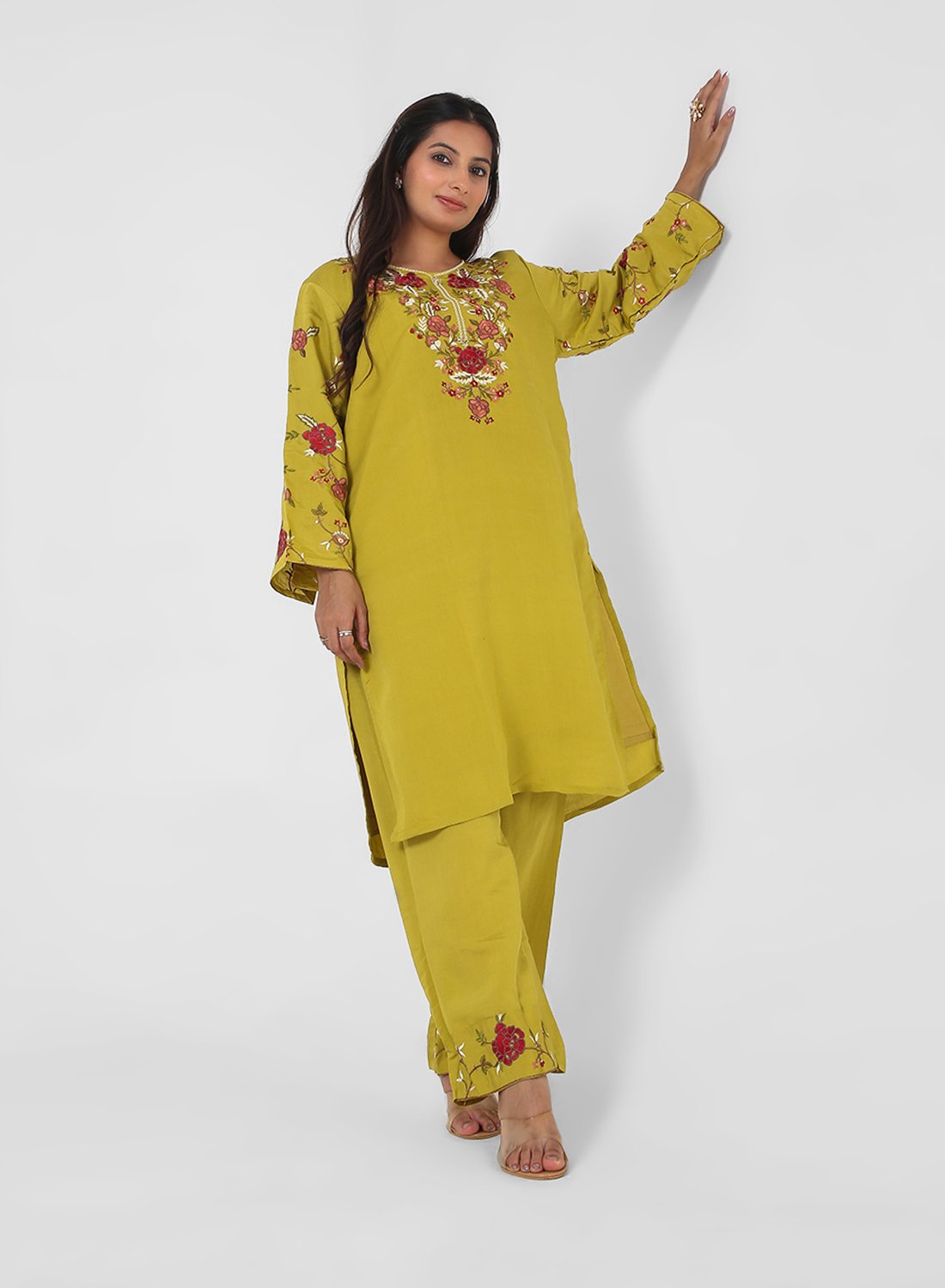 mustard embroidered kurta set, cotton kurta pants for women, floral threadwork kurta, breathable summer ethnic wear, straight fit kurta set, embroidered sleeve kurta, vibrant daytime Indian suit.