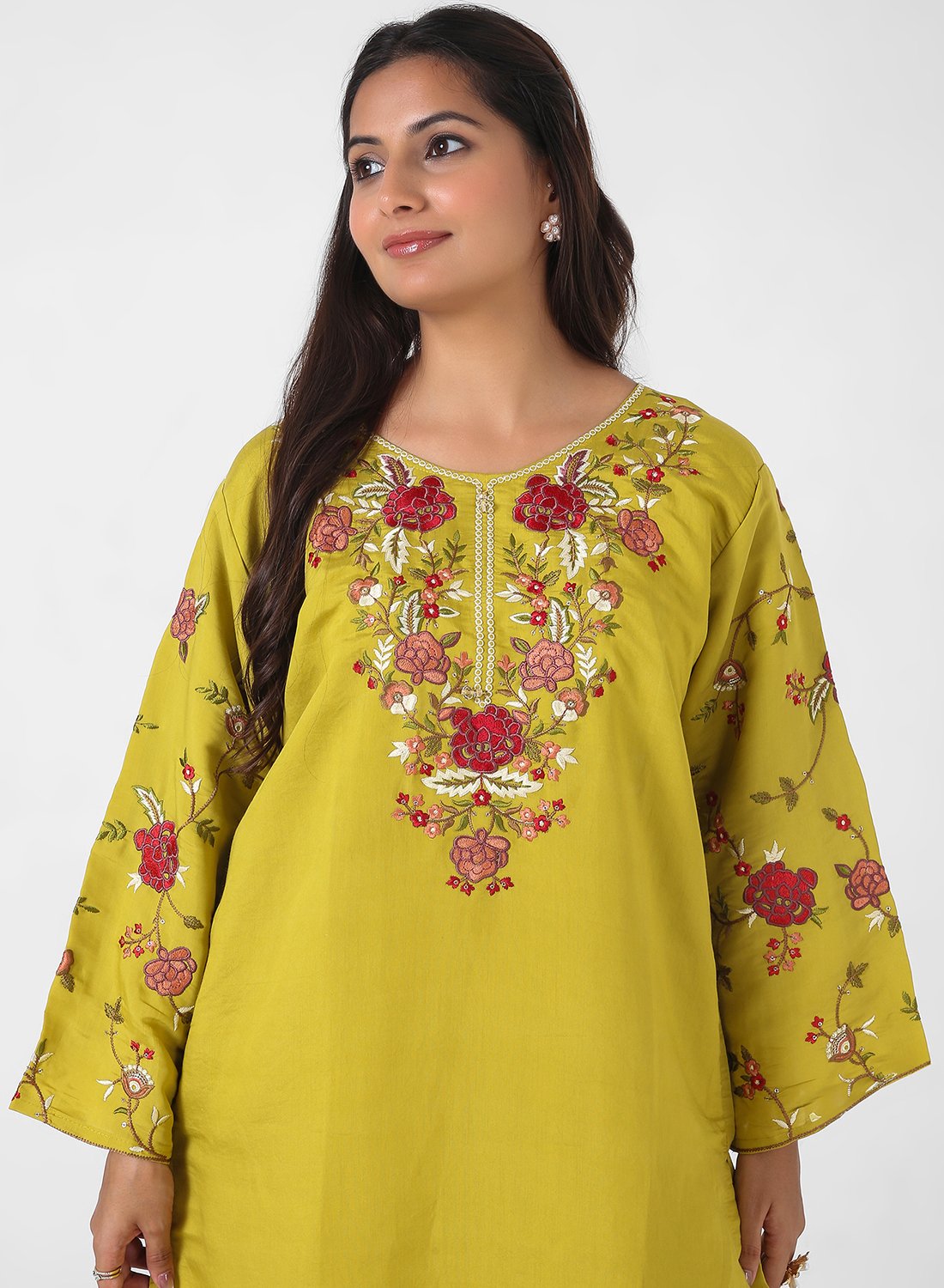 mustard embroidered kurta set, cotton kurta pants for women, floral threadwork kurta, breathable summer ethnic wear, straight fit kurta set, embroidered sleeve kurta, vibrant daytime Indian suit.