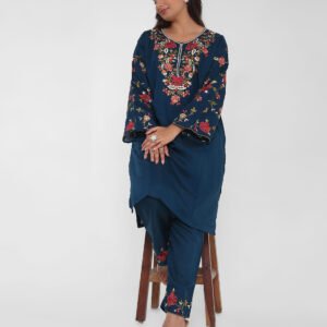 navy embroidered kurta set, cotton kurta pants for women, floral threadwork kurta, breathable summer ethnic wear, straight fit kurta set, embroidered sleeve kurta, elegant evening Indian suit.