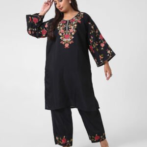 black embroidered kurta set, cotton kurta pants for women, floral threadwork kurta, breathable summer ethnic wear, straight fit kurta set, embroidered sleeve kurta, elegant evening Indian suit.