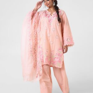 peach embroidered suit set, cotton kurta pant dupatta, eyelet cutwork kurta, floral threadwork suit, breathable summer ethnic wear, straight fit kurta set, pastel festive outfit for women.