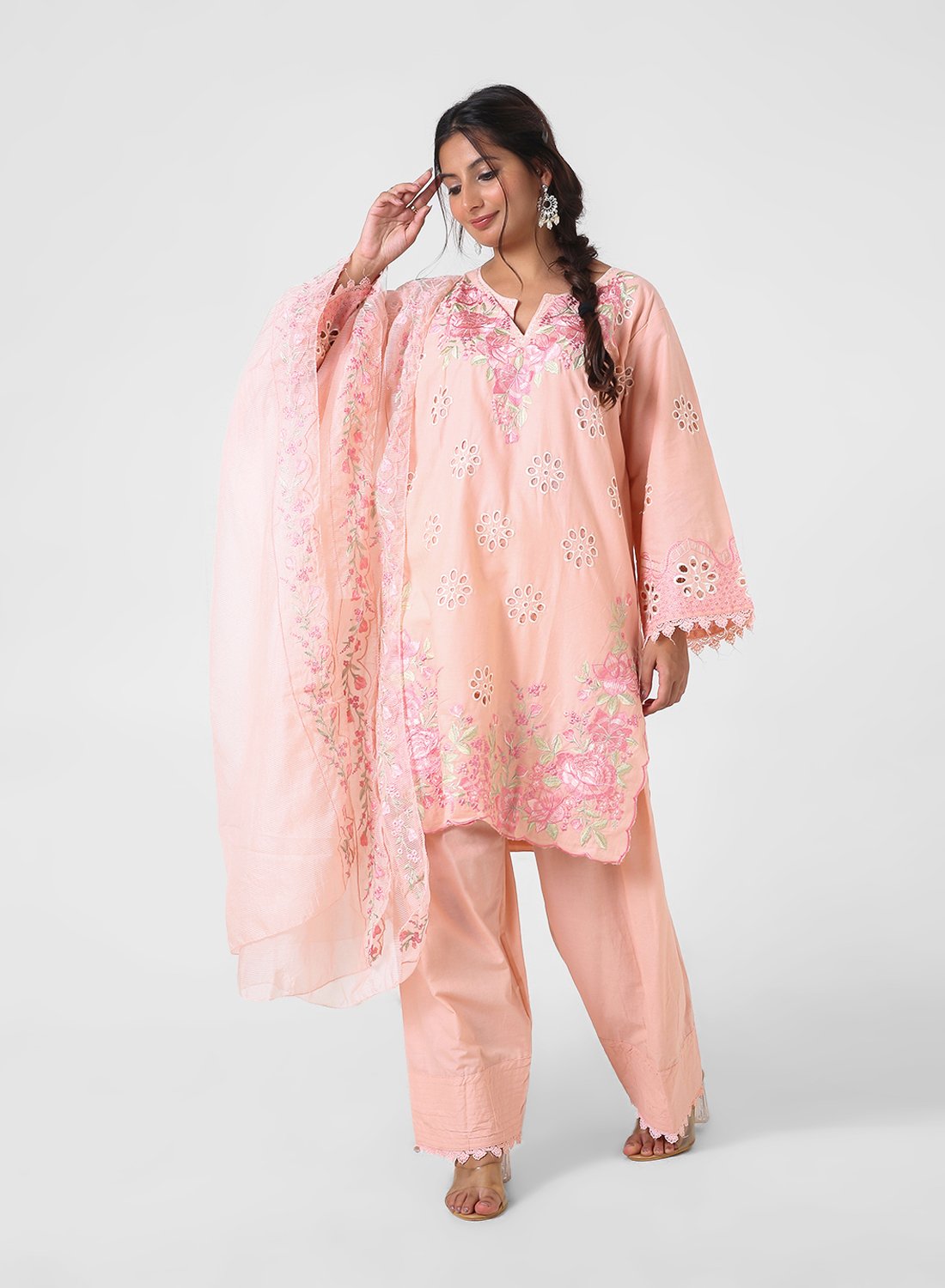 peach embroidered suit set, cotton kurta pant dupatta, eyelet cutwork kurta, floral threadwork suit, breathable summer ethnic wear, straight fit kurta set, pastel festive outfit for women.