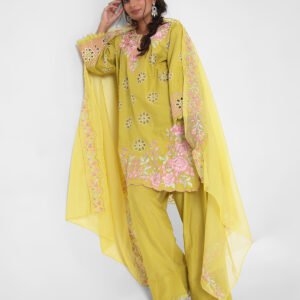 yellow embroidered suit set, cotton kurta pant dupatta, eyelet cutwork kurta, floral threadwork suit, breathable summer ethnic wear, straight fit kurta set, vibrant festive outfit for women.