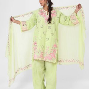 pistachio embroidered suit set, cotton kurta pant dupatta, eyelet cutwork kurta, floral threadwork suit, breathable summer ethnic wear, straight fit kurta set, pastel festive outfit for women.