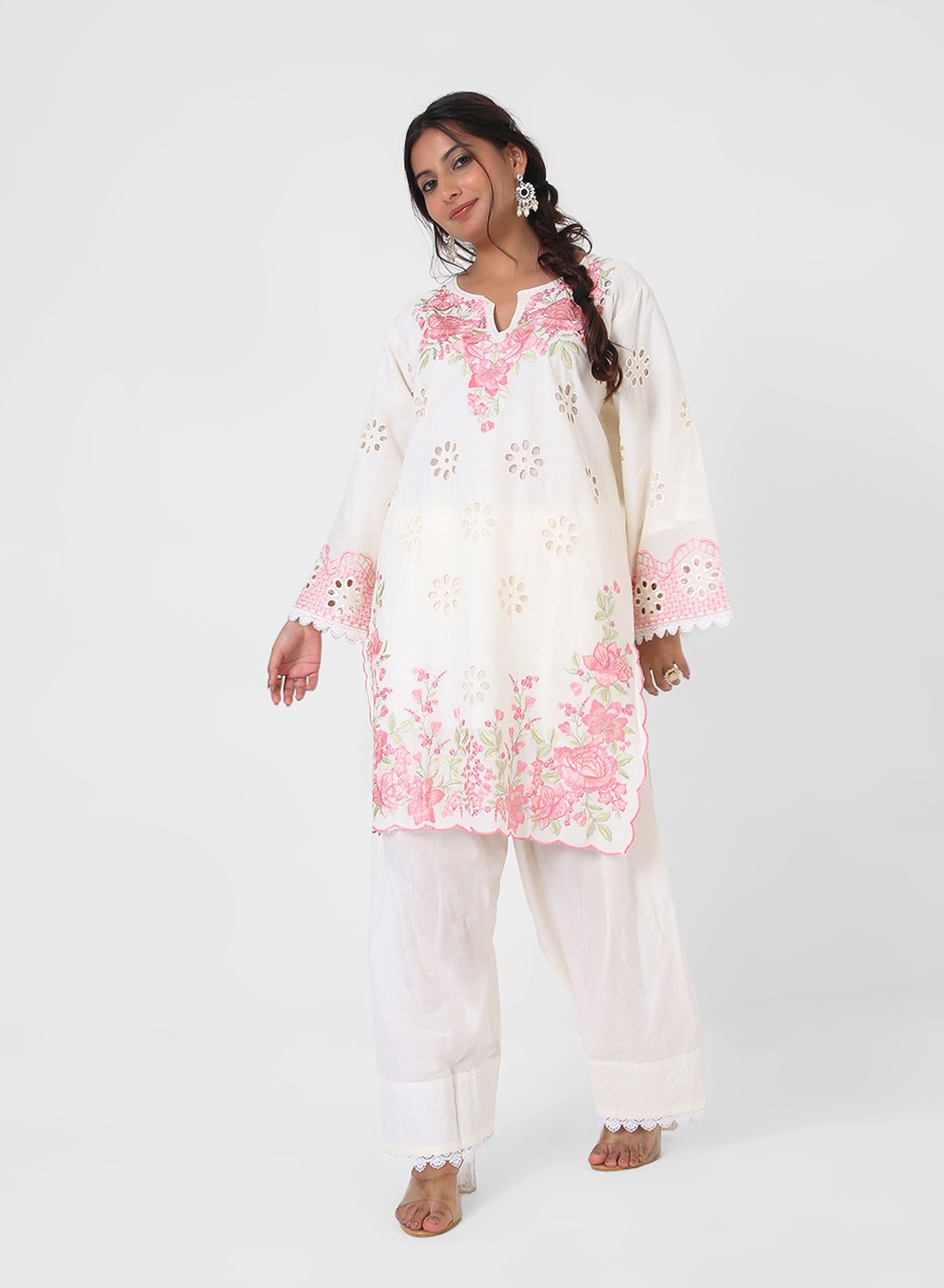 ivory embroidered suit set, cotton kurta pant dupatta, eyelet cutwork kurta, pink floral threadwork suit, breathable summer ethnic wear, straight fit kurta set, pastel festive outfit for women.