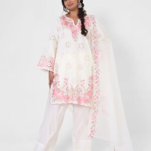 ivory embroidered suit set, cotton kurta pant dupatta, eyelet cutwork kurta, pink floral threadwork suit, breathable summer ethnic wear, straight fit kurta set, pastel festive outfit for women.