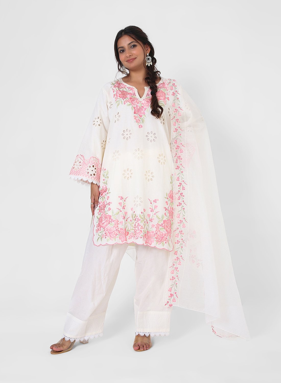 ivory embroidered suit set, cotton kurta pant dupatta, eyelet cutwork kurta, pink floral threadwork suit, breathable summer ethnic wear, straight fit kurta set, pastel festive outfit for women.