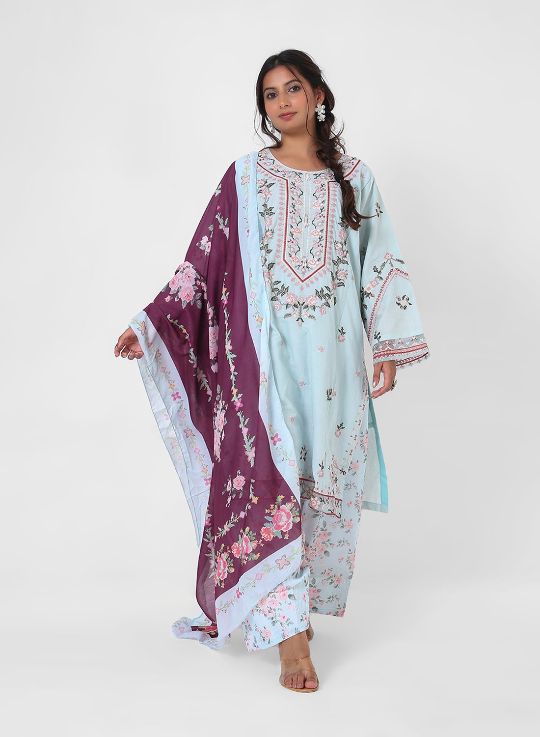 powder blue printed suit set, cotton kurta pant dupatta, floral print kurta set, lightweight summer ethnic wear, contrast dupatta outfit, relaxed straight kurta set, travel friendly Indian suit.