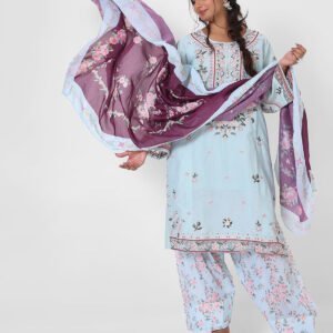 powder blue printed suit set, cotton kurta pant dupatta, floral print kurta set, lightweight summer ethnic wear, contrast dupatta outfit, relaxed straight kurta set, travel friendly Indian suit.