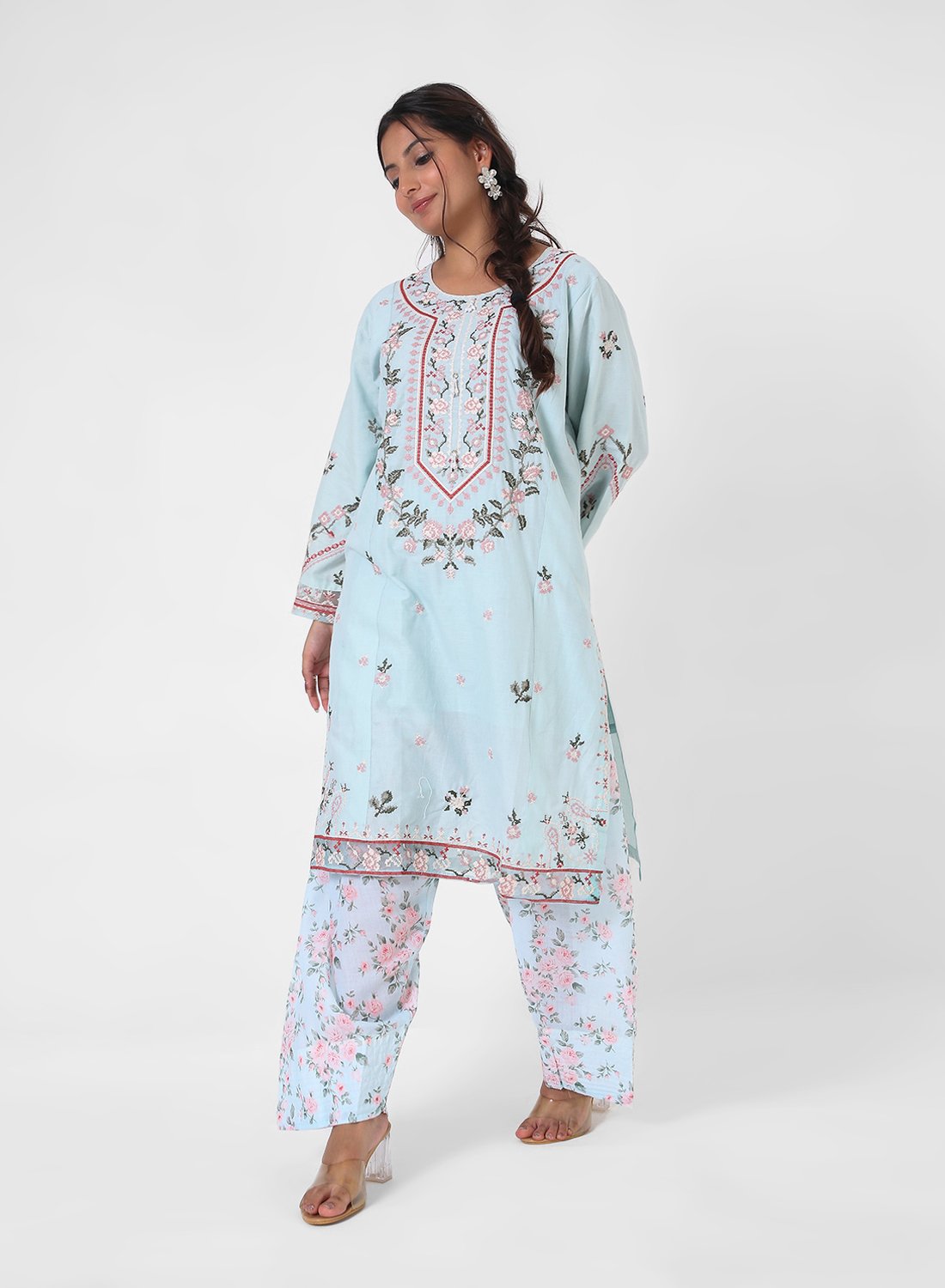 powder blue printed suit set, cotton kurta pant dupatta, floral print kurta set, lightweight summer ethnic wear, contrast dupatta outfit, relaxed straight kurta set, travel friendly Indian suit.