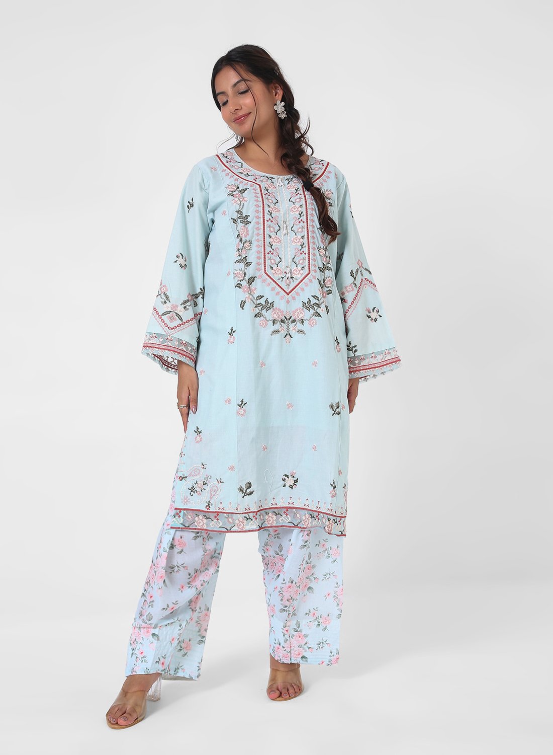 powder blue printed suit set, cotton kurta pant dupatta, floral print kurta set, lightweight summer ethnic wear, contrast dupatta outfit, relaxed straight kurta set, travel friendly Indian suit.