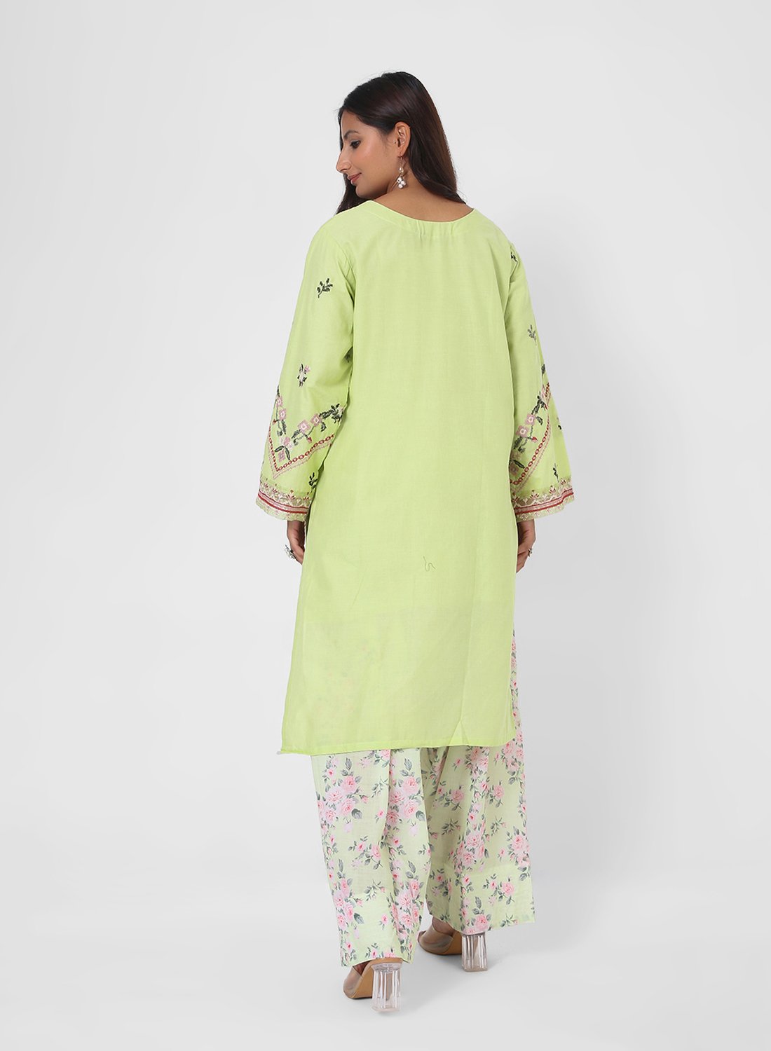 lime green printed suit set, cotton kurta pant dupatta, floral print kurta set, lightweight summer ethnic wear, contrast dupatta outfit, relaxed straight kurta set, travel friendly Indian suit.