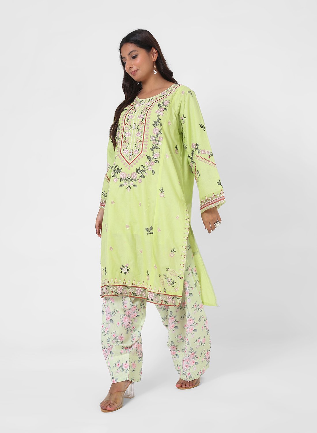 lime green printed suit set, cotton kurta pant dupatta, floral print kurta set, lightweight summer ethnic wear, contrast dupatta outfit, relaxed straight kurta set, travel friendly Indian suit.