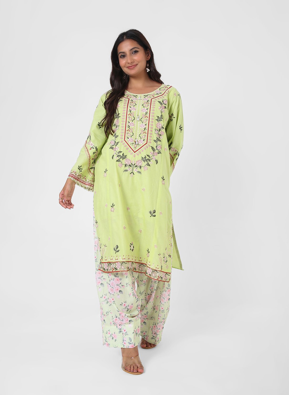 lime green printed suit set, cotton kurta pant dupatta, floral print kurta set, lightweight summer ethnic wear, contrast dupatta outfit, relaxed straight kurta set, travel friendly Indian suit.