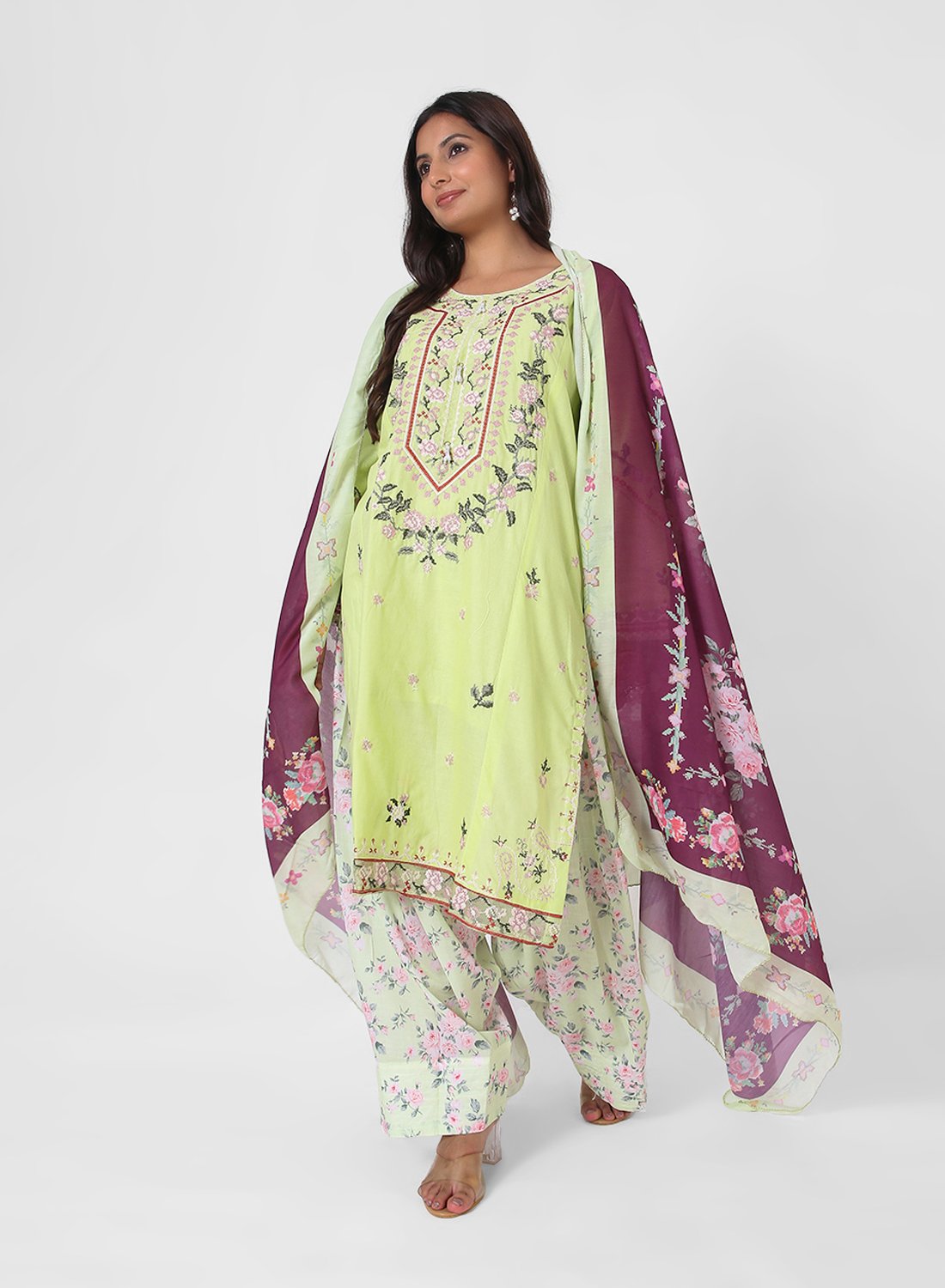 lime green printed suit set, cotton kurta pant dupatta, floral print kurta set, lightweight summer ethnic wear, contrast dupatta outfit, relaxed straight kurta set, travel friendly Indian suit.