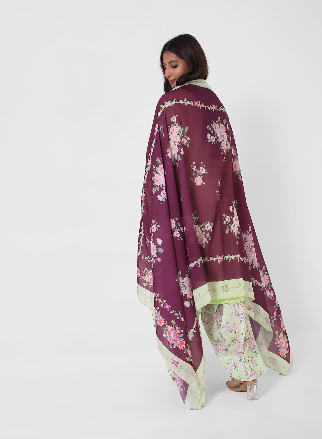 lime green printed suit set, cotton kurta pant dupatta, floral print kurta set, lightweight summer ethnic wear, contrast dupatta outfit, relaxed straight kurta set, travel friendly Indian suit.