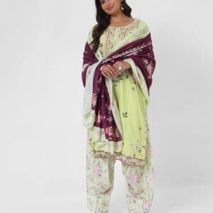 lime green printed suit set, cotton kurta pant dupatta, floral print kurta set, lightweight summer ethnic wear, contrast dupatta outfit, relaxed straight kurta set, travel friendly Indian suit.