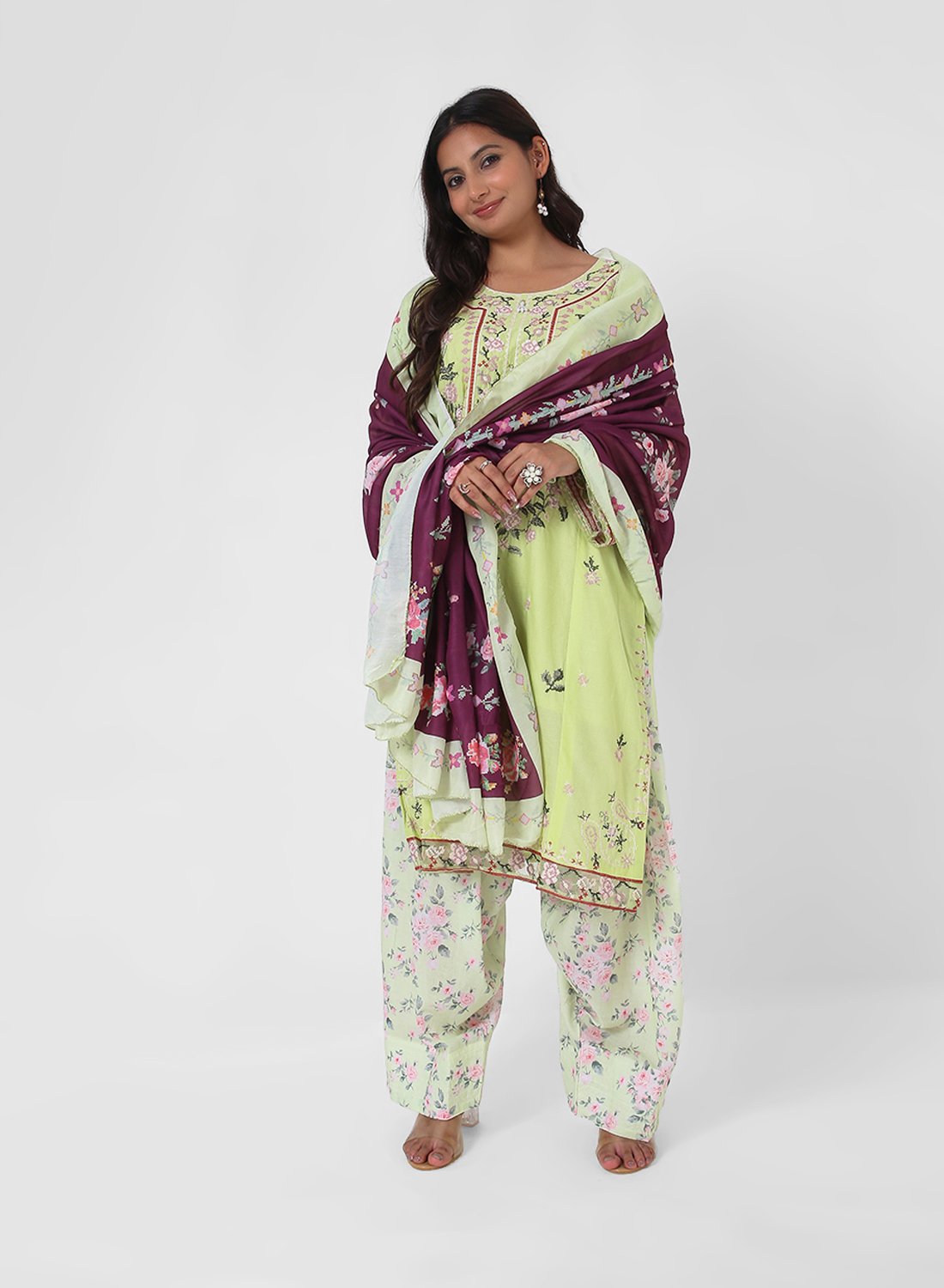 lime green printed suit set, cotton kurta pant dupatta, floral print kurta set, lightweight summer ethnic wear, contrast dupatta outfit, relaxed straight kurta set, travel friendly Indian suit.