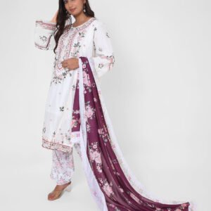 ivory printed suit set, cotton kurta pant dupatta, floral print kurta set, lightweight summer ethnic wear, contrast dupatta outfit, relaxed straight kurta set, travel friendly Indian suit.