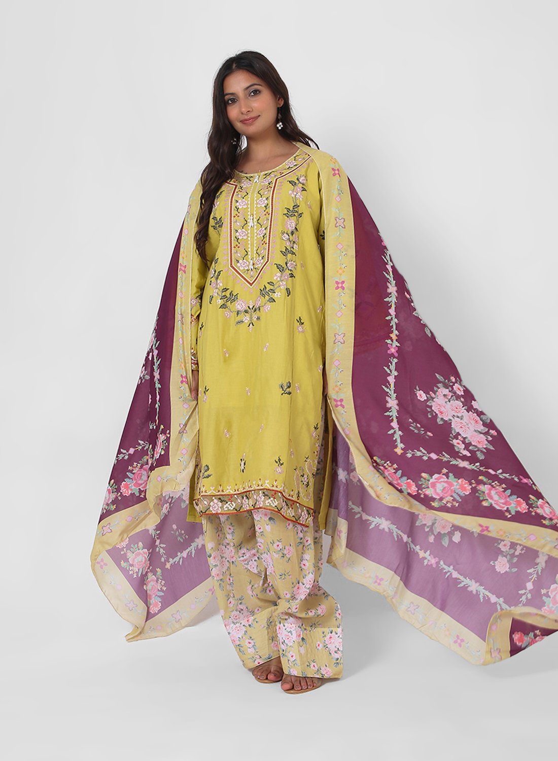 mustard printed suit set, cotton kurta pant dupatta, floral print kurta set, lightweight summer ethnic wear, contrast dupatta outfit, relaxed straight kurta set, travel friendly Indian suit.