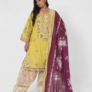 mustard printed suit set, cotton kurta pant dupatta, floral print kurta set, lightweight summer ethnic wear, contrast dupatta outfit, relaxed straight kurta set, travel friendly Indian suit.
