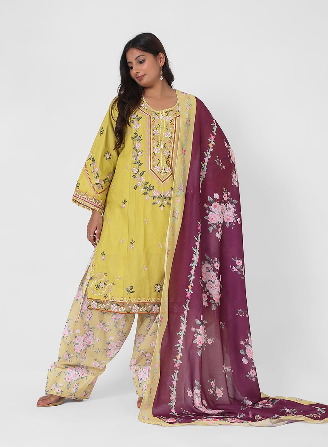 mustard printed suit set, cotton kurta pant dupatta, floral print kurta set, lightweight summer ethnic wear, contrast dupatta outfit, relaxed straight kurta set, travel friendly Indian suit.