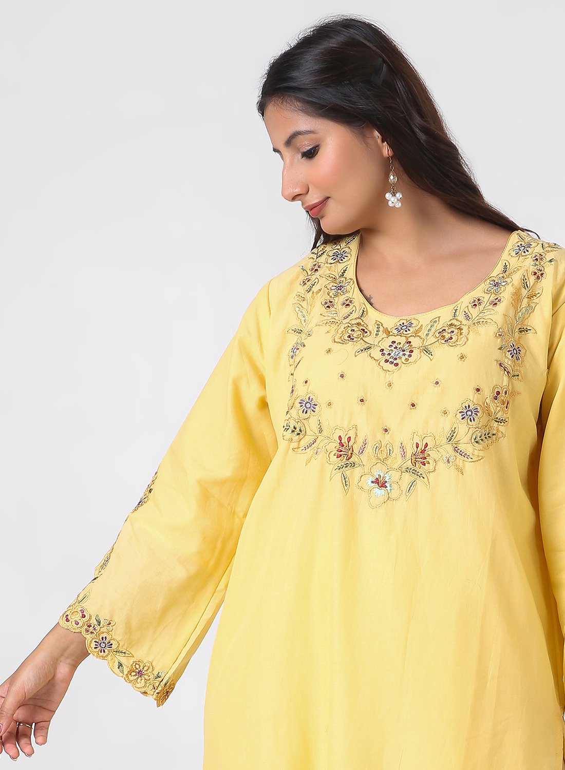 yellow palazzo suit set, cotton kurta palazzo dupatta, women’s embroidered kurta set, scallop lace kurta, breathable summer ethnic wear, wide‑leg palazzo suit, vibrant festive outfit, lightweight embellished dupatta.
